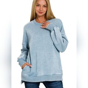 Blue gray ACID WASH FLEECE HI-LOW HEM PULLOVER